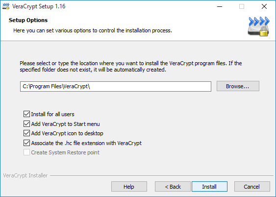 VeraCrypt installation wizard setup options