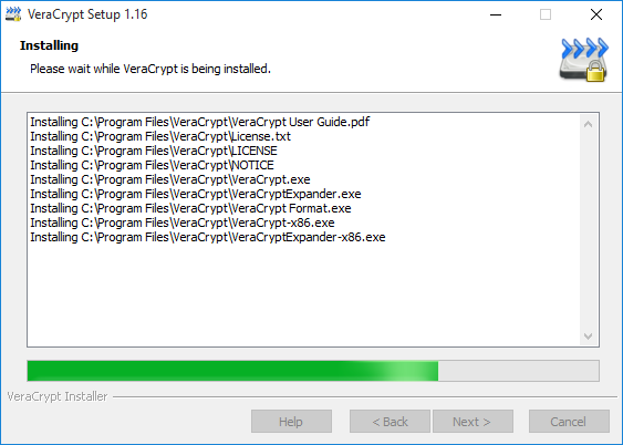 VeraCrypt installation progress