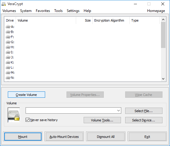 Main VeraCrypt window