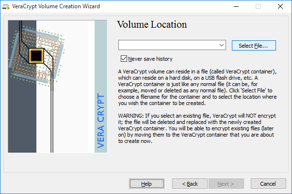 VeraCrypt's volume creation wizard's volume location input