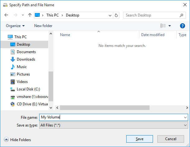 VeraCrypt's volume creation wizard's file specification dialogue window