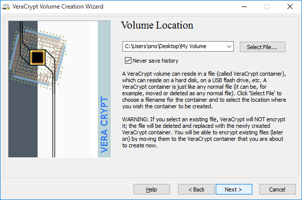 screenshot of VeraCrypt's volume creation wizard's file specification dialogue window showing a specified file