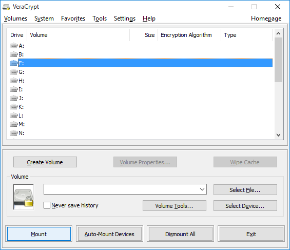 main window of VeraCrypt