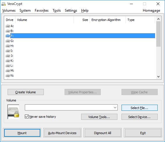 main window of VeraCrypt