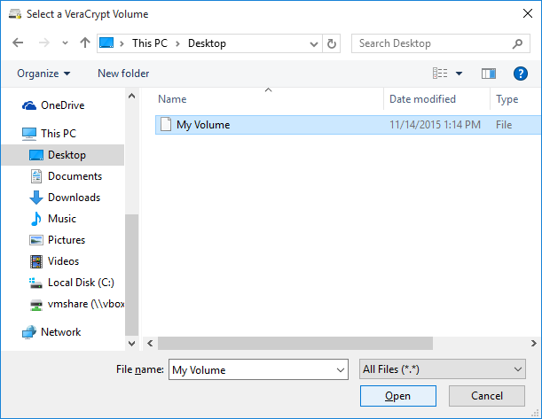 File selection dialog in VeraCrypt